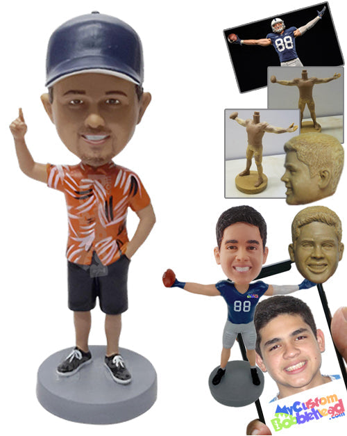 Tourist raising hand to ask something wearing a Hawaiian shirt and shorts with the other hand inside pocket Personalized Bobblehead