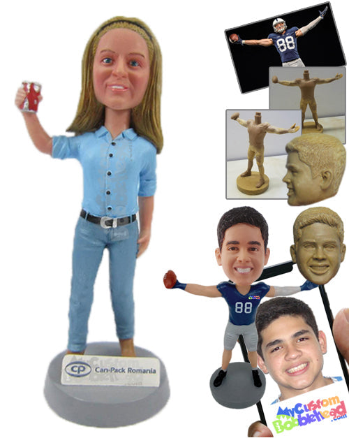 Gorgeous Lady in Stylish Shirt Holding a Can Personalized Bobblehead