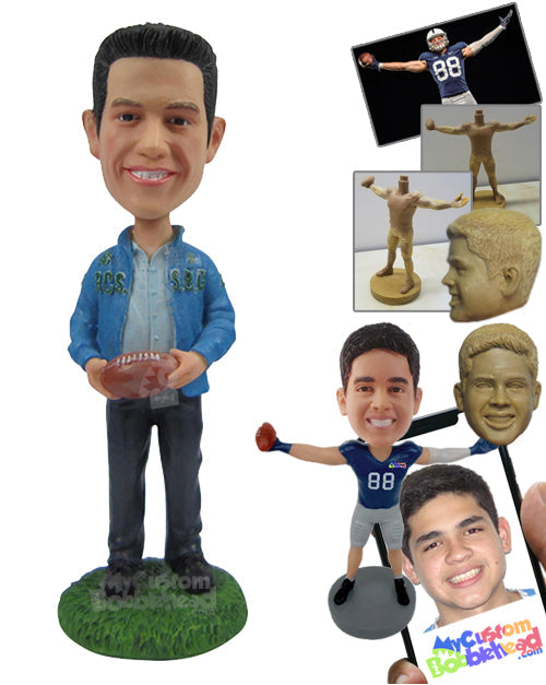 Good Looking Male Wearing His Favorite Team Jacket Holding a Football Personalized Bobblehead