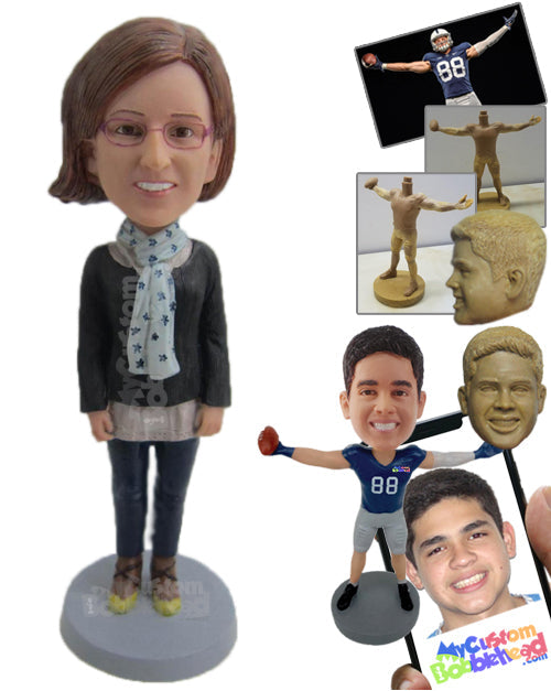 Girl Feeling the Cold Wearing a Long-Sleeved Shirt and Tight Jeans with a Scarf around Her Neck Personalized Bobblehead