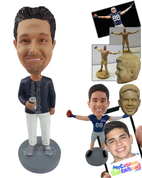Man Wearing a Shirt and Pants while Holding a Cup and Wearing Shoes Personalized Bobblehead