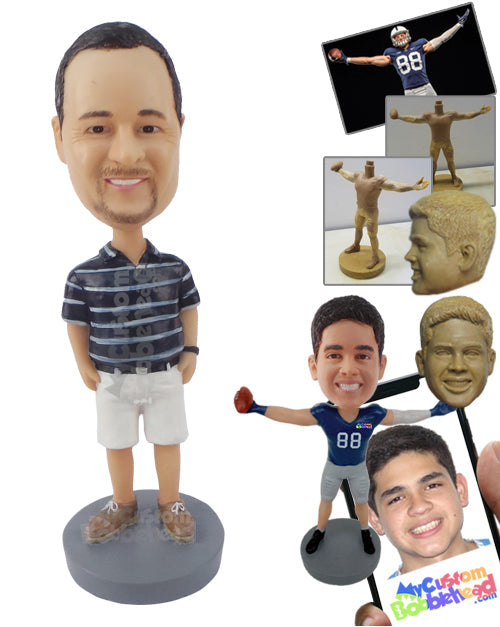 Guy Tucking His Hands into His Pockets, Wearing Shorts, Shirt, and a Belt with Shoes Personalized Bobblehead