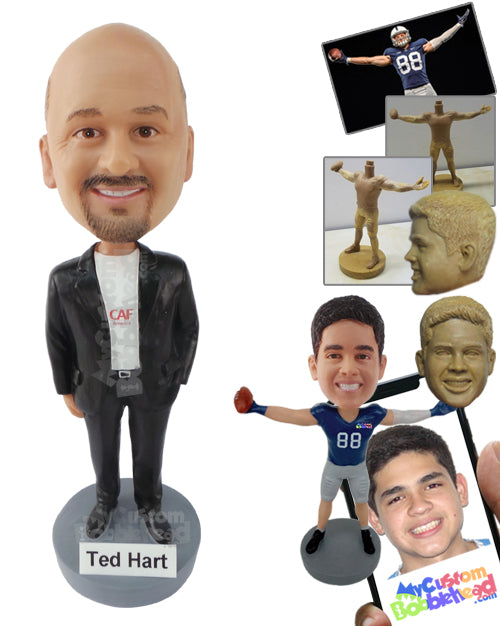 Handsome Man Wearing Jacket with Shirt, Belt, and Pants with Shoes Personalized Bobblehead