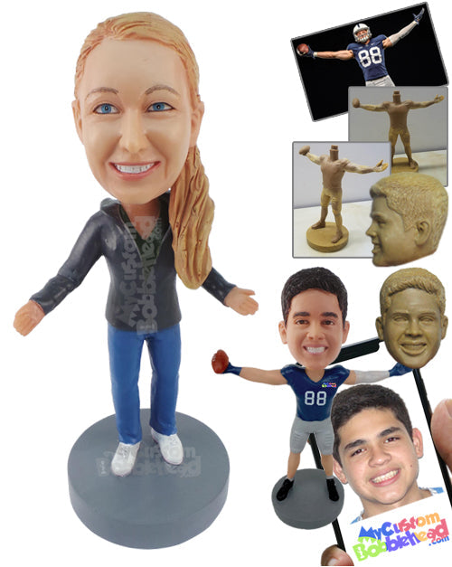 Good Looking Woman with Long Hair Wearing Cozy Pants and Shirt Personalized Bobblehead