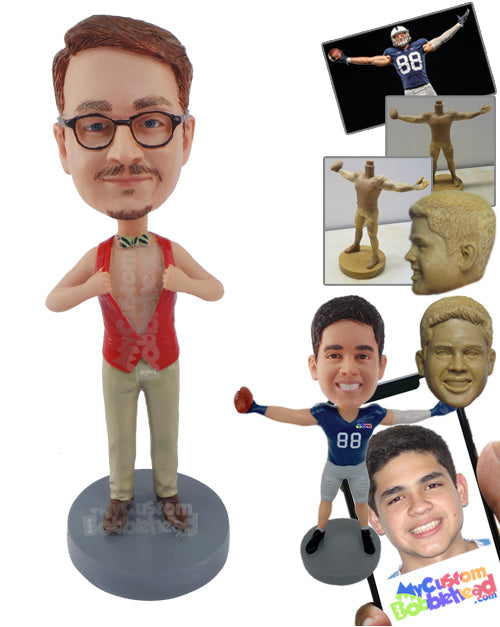 Handsome Man Wearing Pants, Shoes, while Opening His Shirt to Reveal His Body Personalized Bobblehead