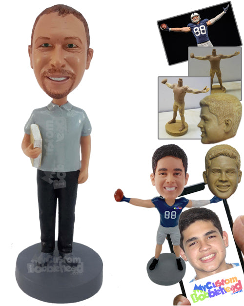 Man Wearing Casual Shirt and Pants Holding Towels in Hand Personalized Bobblehead