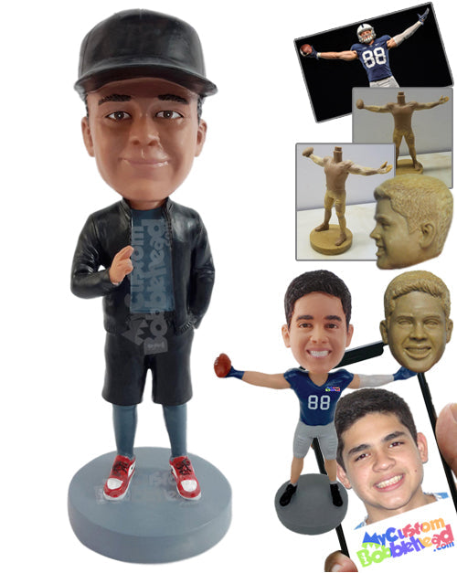 Fashionable Guy Wearing Cool Jacket and Shoes with Hand in Pocket and Another Raised Personalized Bobblehead