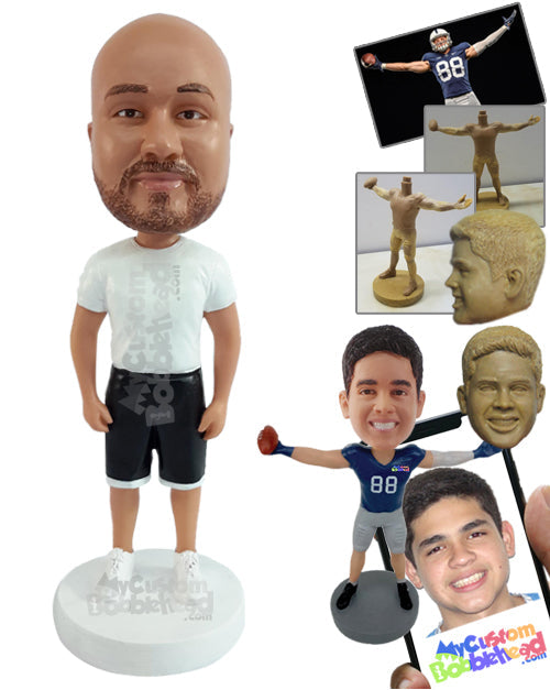 Muscular dude ready to start a workout, wearing a round neck t-shirt and shorts Personalized Bobblehead