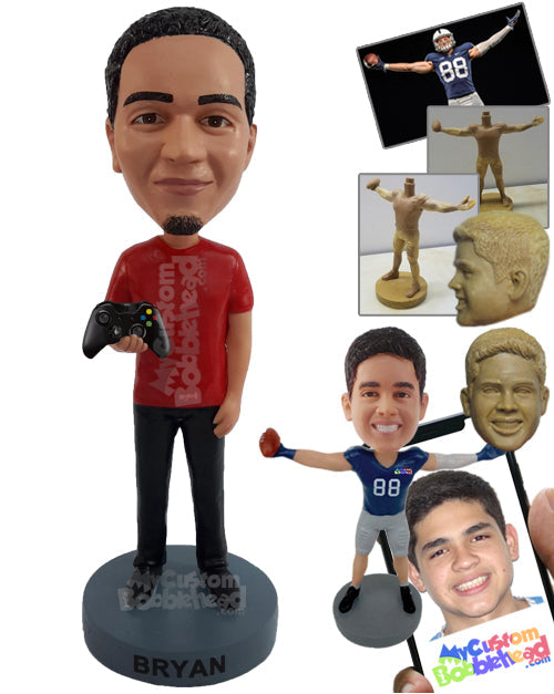 Cool Gamer Dude Holding a Gamer Control in One Hand Ready to Have Some Fun Personalized Bobblehead