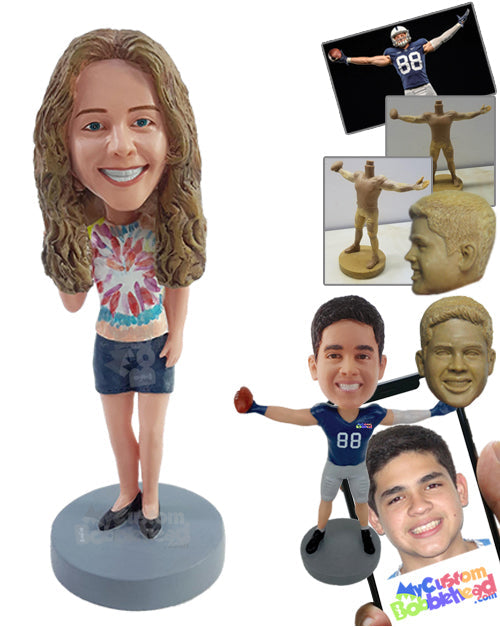 Hippie girl having a great time wearing a nice t-shirt, shorts, and shoes Personalized Bobblehead
