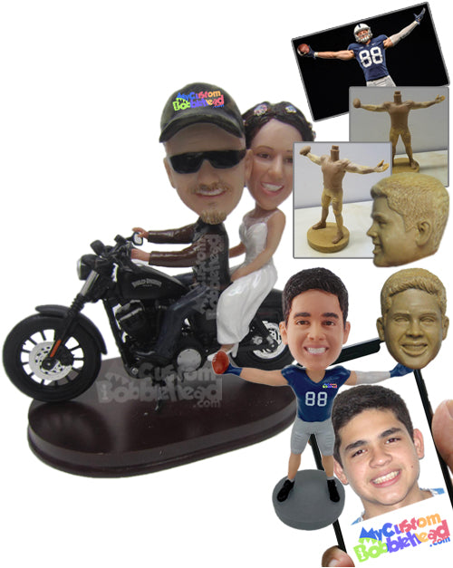 Classy Wedding Couple Riding On A Bike Personalized Bobblehead