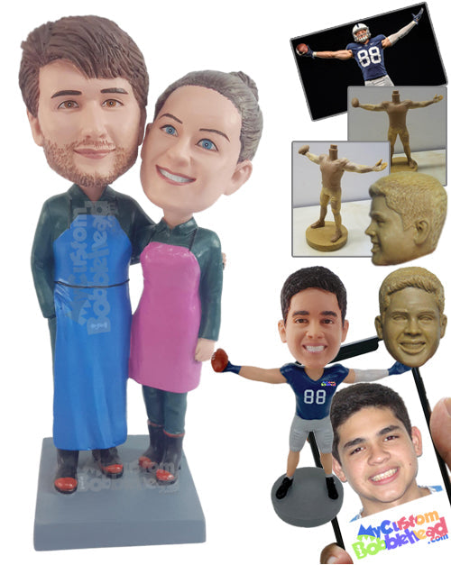 Chef Couple Wearing Aprons Ready to Prepare Some Delicious Delights Personalized Bobblehead