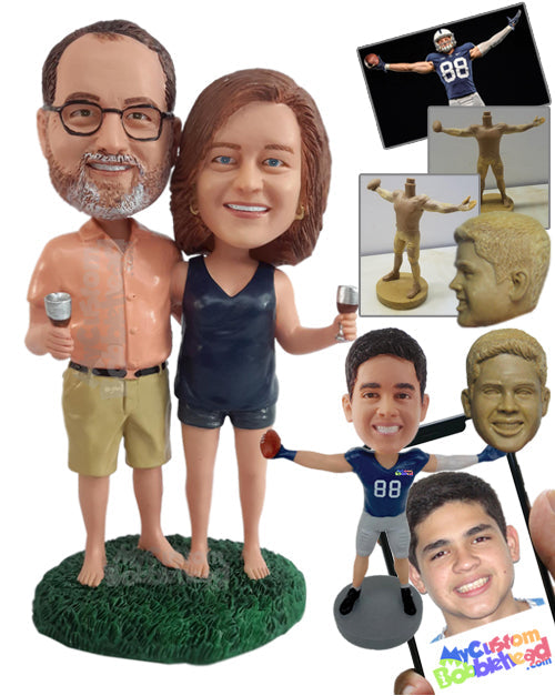 Chill Couple Having a Nice Cup of Wine on the Backyard Wearing Casual Clothes Personalized Bobblehead