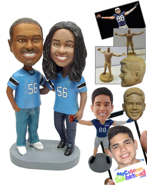 Happy Football Couple Fans Hugging Posing for a Picture, Wearing Jerseys and Jeans Personalized Bobblehead