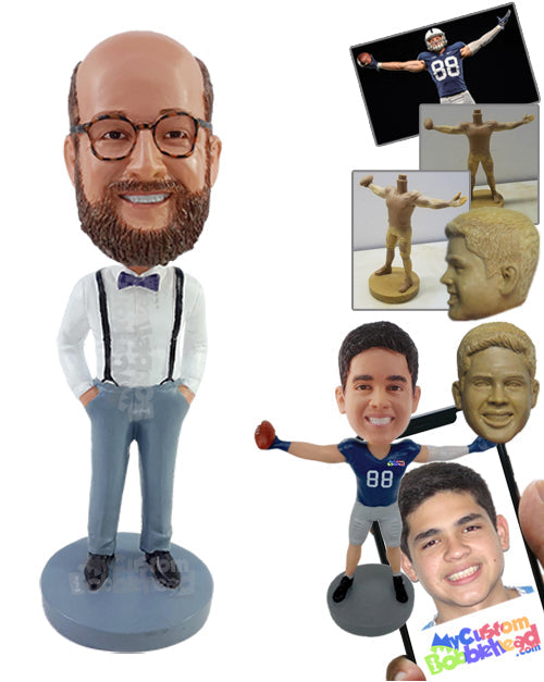 Cool Looking Groomsman Wearing Suspenders and Bow Tie with Both Hands Inside Pockets Personalized Bobblehead