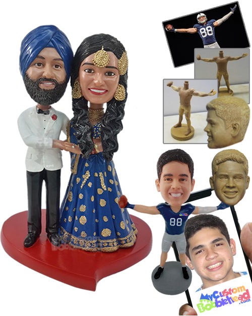 Traditional Couple in suit and tie with gorgeous sari dress on the bride holding hands Personalized Bobblehead