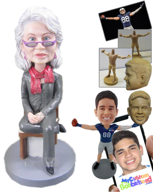 Stylish Corporate Lady Sitting on a Chair, Wearing Corporate Jacket, Pants with a Scarf Around Her Neck Personalized Bobblehead