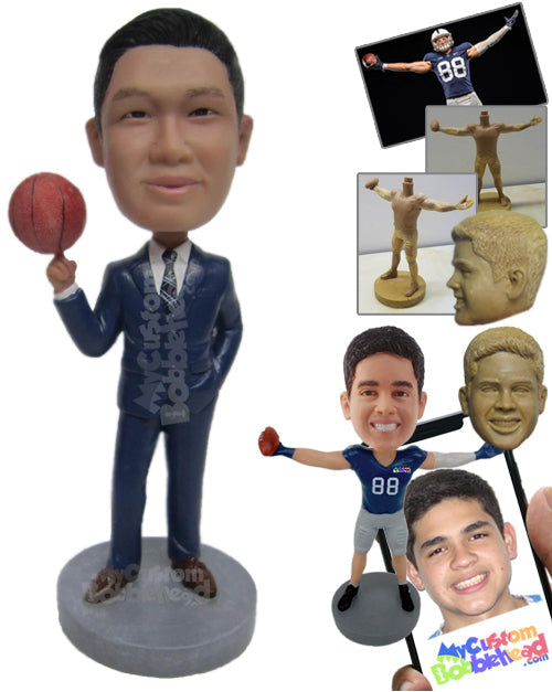 Stylish Dude in Formal Attire Showing Basketball Tricks Personalized Bobblehead