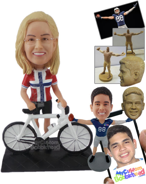Gorgeous Female Bike Rider Posing with Bike Personalized Bobblehead