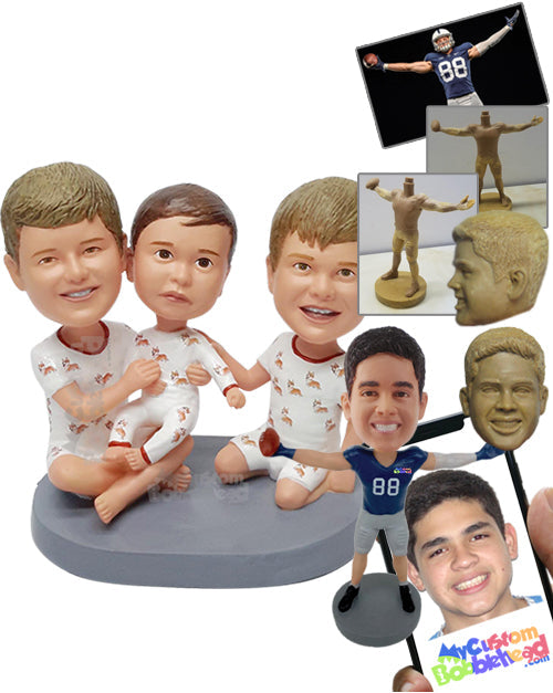 Tipple Sibblings wearing identical clothe having fun altogether Personalized Bobblehead