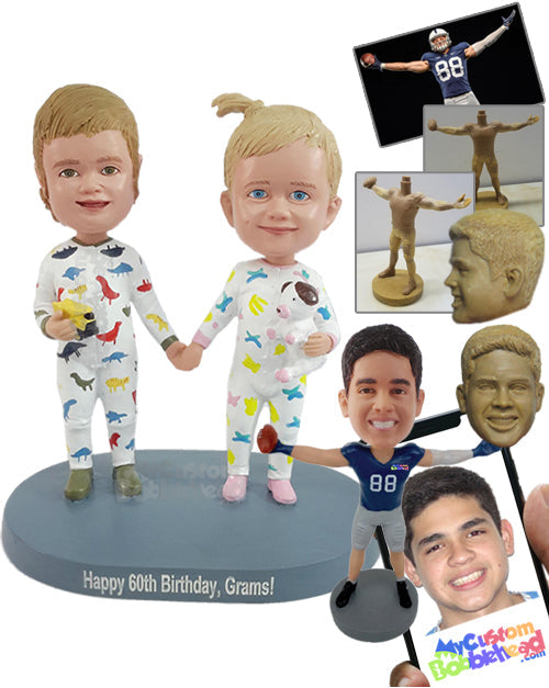Siblings wearing nice pajamas, ready for bed with their toys Personalized Bobblehead