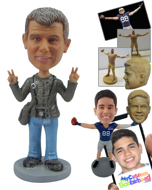 Handsome Man Rocking in Traveller Outfit with a Camera and a Backpack Personalized Bobblehead