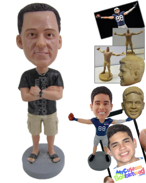 Good Looking Guy in Shorts with Folded Hands and a Wrist Watch Personalized Bobblehead