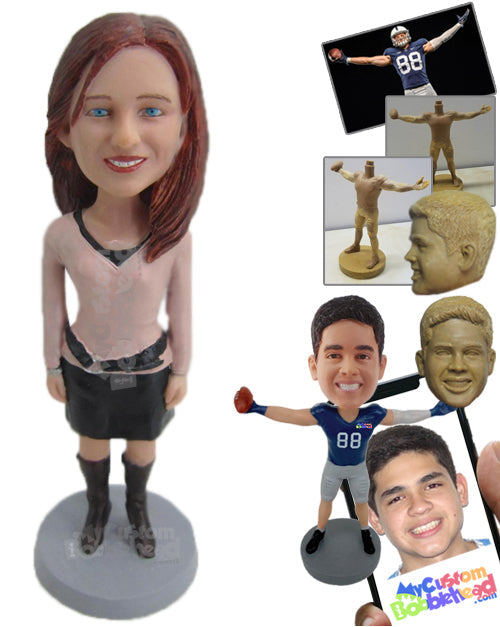 Gorgeous Gal Standing Straight Wearing a Long Sleeve Blouse and Short Skirt with Long Boots Personalized Bobblehead