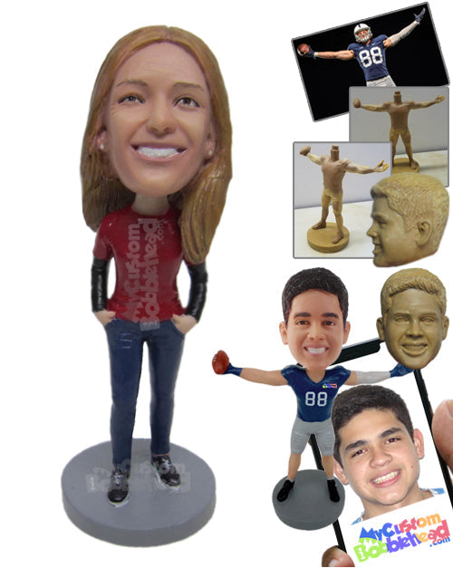 Lady Wearing a T-Shirt Keeps Her Both Hands in Her Jeans and Wears a Sneaker Personalized Bobblehead