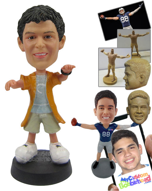 Funky Stylish Boy in Shorts and Long Jacket with Hands in the Air Personalized Bobblehead