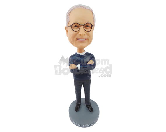 Custom Bobblehead Gorgeous Man Wearing Closed Sweater Upon Shirt And Wearing Pants With Beautiful Shoes - Leisure & Casual Casual Males Personalized Bobblehead & Cake Topper