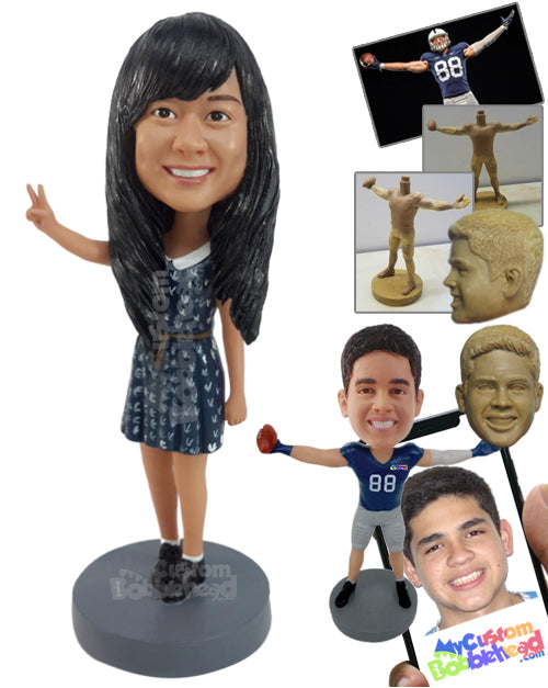 Woman Holding Peace Sign in Gown with Belt Personalized Bobblehead