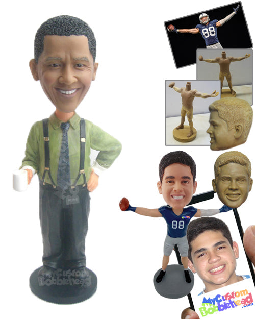 Neat Man in Professional Attire with Suspenders and a Cup in Hand Personalized Bobblehead