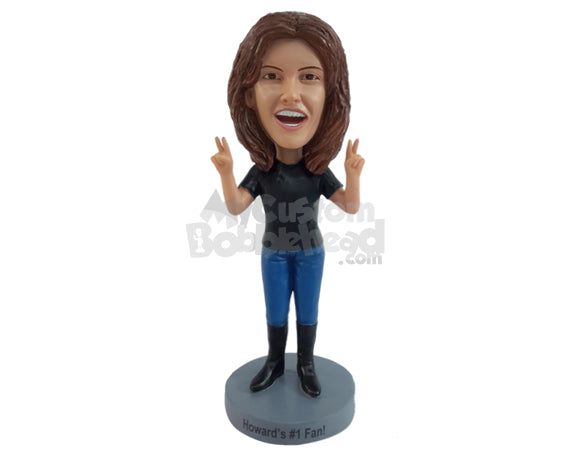Woman Holding Peace Sign with Both Hands Personalized Bobblehead