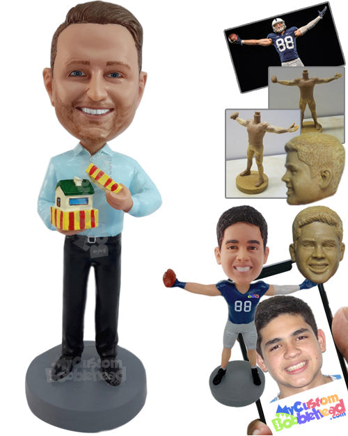 Elegant Dressed Man Opening a House Box Gift Personalized Bobblehead