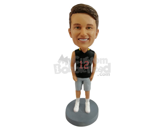 Active Dude Ready for Exercise in Sleeveless V-neck Shirt and Shorts Personalized Bobblehead