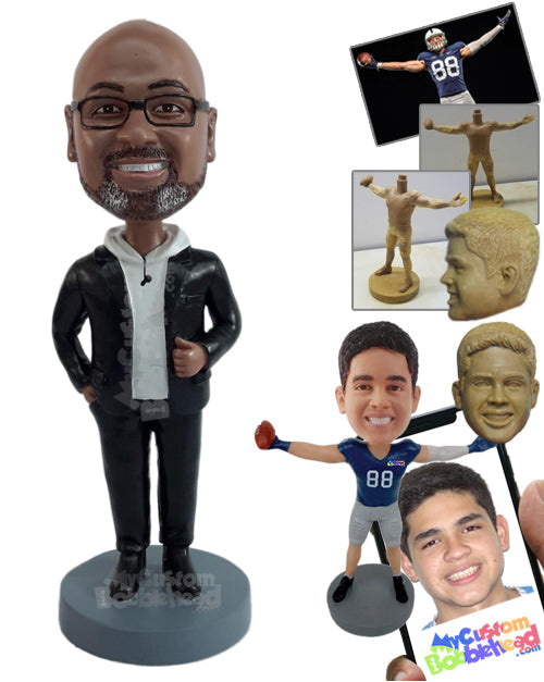 Elegant Looking Man Wearing Hoodie and a Jacket Ready to Go Out Personalized Bobblehead
