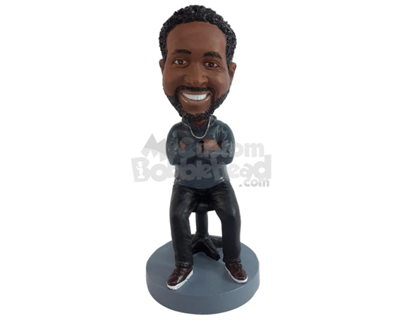 Custom Bobblehead Nice looking male sitting on a computer chair with arms cossed having a chill time - Leisure & Casual Casual Males Personalized Bobblehead & Action Figure