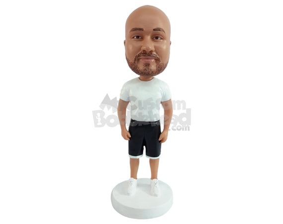 Custom Bobblehead Muscular dude ready to start workout wearing round neck t-shirt and shorts - Leisure & Casual Casual Males Personalized Bobblehead & Action Figure
