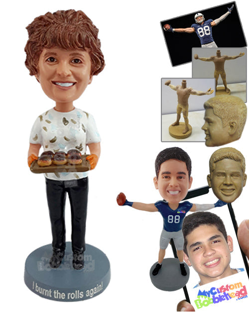 Dazzling Lady Holding a Tray of Burnt Freshly Baked Rolls Personalized Bobblehead