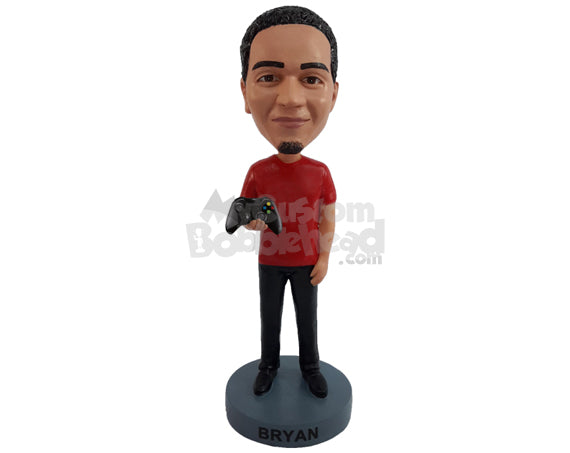 Cool Gamer Dude Holding a Gamer Control in One Hand Ready to Have Some Fun Personalized Bobblehead