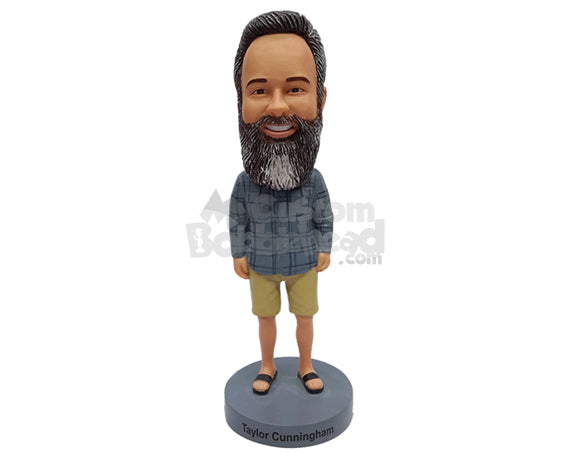 Custom Bobblehead Good looking guy wearing nice long sleve shirt, shorts and slide sandals - Leisure & Casual Casual Males Personalized Bobblehead & Action Figure