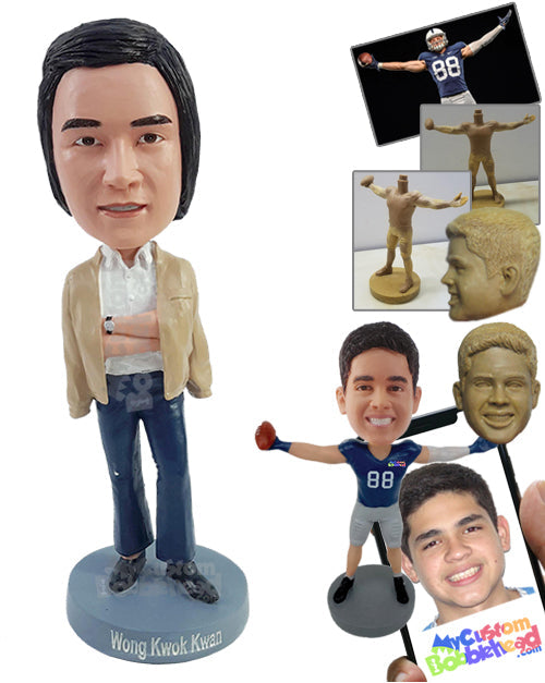 Trendy and fashionable dude with a nice jacket over the crossed arms Personalized Bobblehead