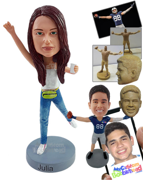 Sporty gal doing some yoga moves with a fanny pack and holding a cup of tea Personalized Bobblehead