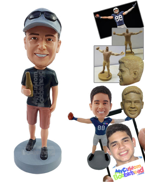 Relaxed dude ready to take a sip of beer from the bottle, wearing a t-shirt and nice shorts Personalized Bobblehead
