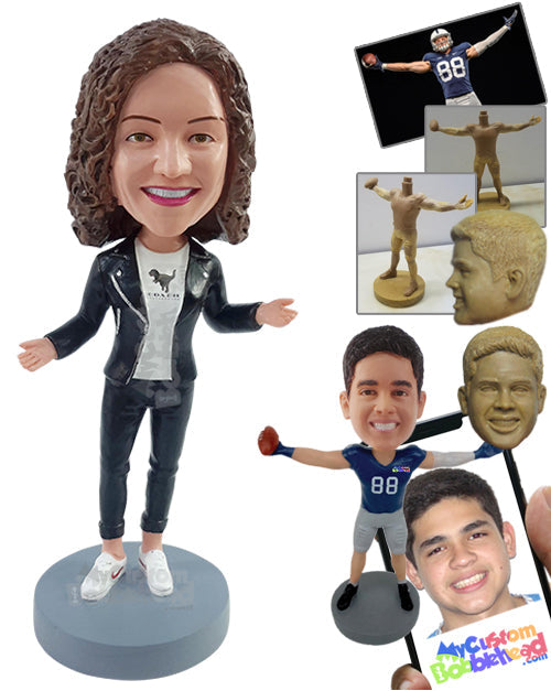 Fashionable Girl Wearing Nice Leather Jacket, Capri Pants, and Cool Sneakers with Arms Out Personalized Bobblehead