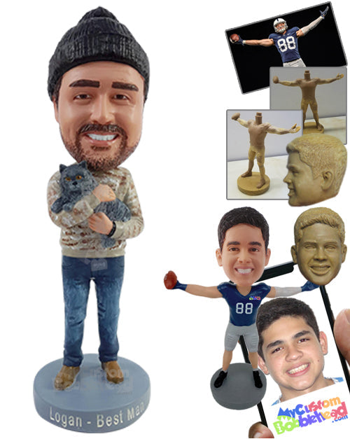 Cat Lover Bro Wearing Nice Sweater, Jeans, and Loafers Holding His Cat Personalized Bobblehead