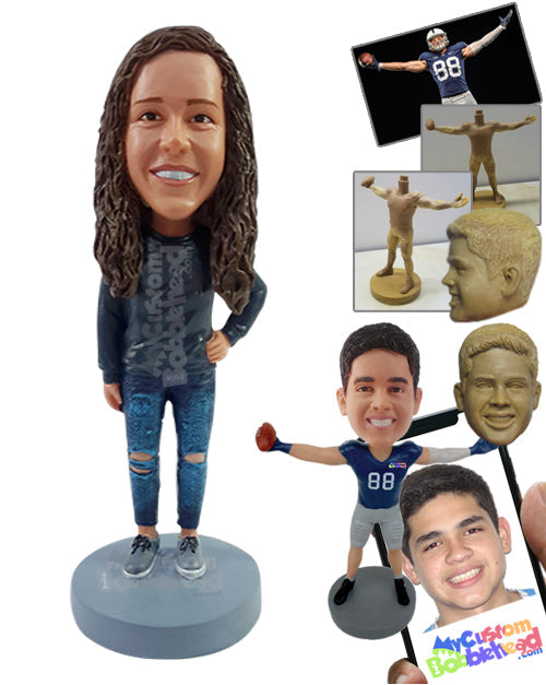 Casual Stylish Girl Wearing a Sweatshirt and Ripped Jeans with One Hand on the Hip Personalized Bobblehead