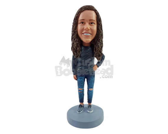 Casual Stylish Girl Wearing a Sweatshirt and Ripped Jeans with One Hand on the Hip Personalized Bobblehead