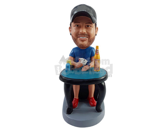 Casual Dude Playing Poker and Having a Nice Beer in T-Shirt, Shorts, and Nice Shoes Personalized Bobblehead